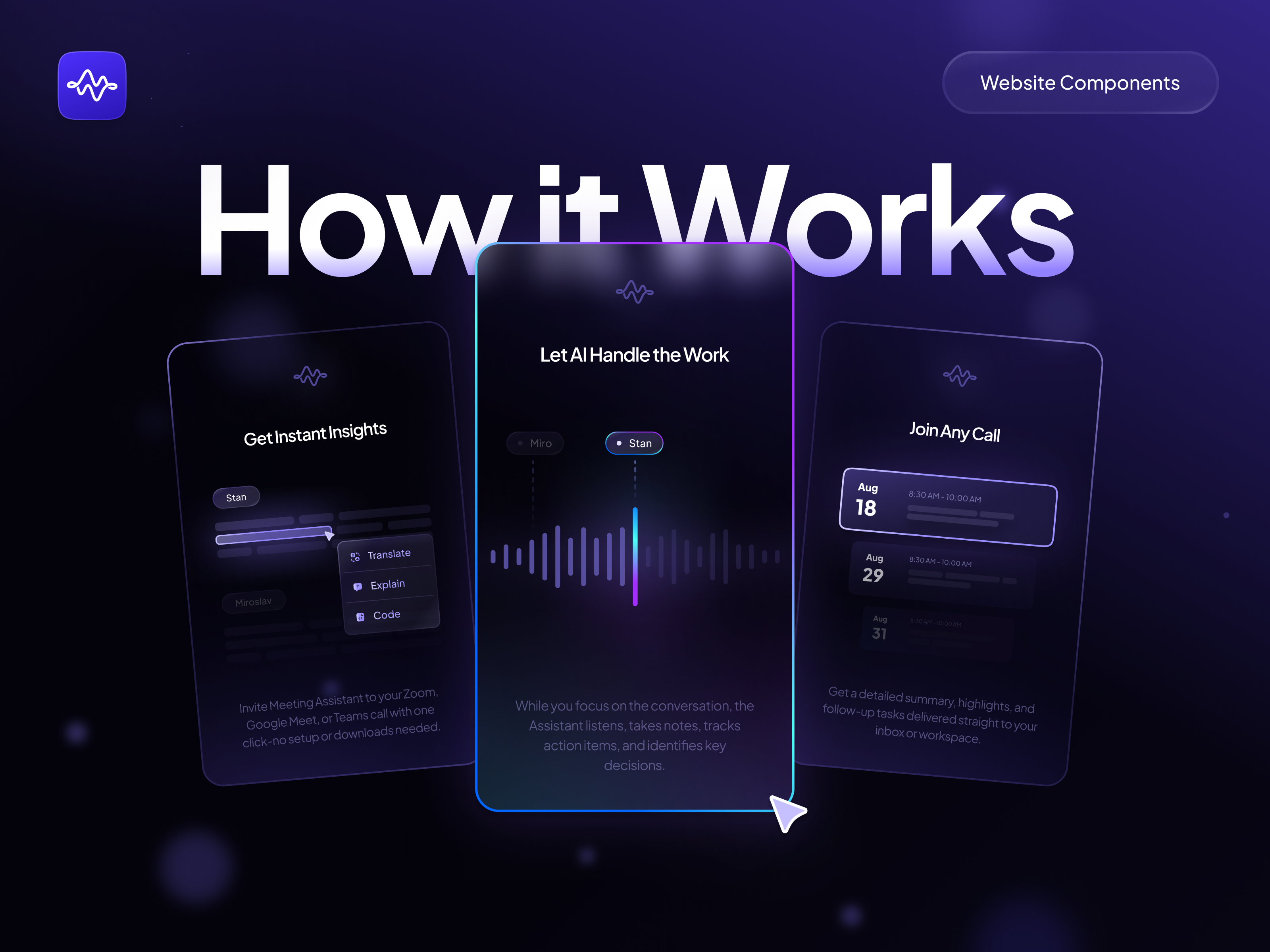Example of AI Meeting Assistant UI – Smart Calls, Insights & Translation